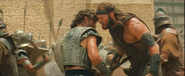 Tyler Mane right with Eric Bana, in Troy