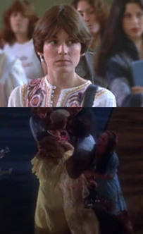 Bottom: Deirdre Berthrong in Carrie.Bottom: Deirdre Berthrong (in middle) a moment before her off-screen death in Carrie.