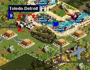 A Sherman Tank rolling off the factory assembly line in the Toledo-Detroit region (called Arsenal of Democracy). The mouse cursor is hovering over Windsor County, Ontario. That Air Base is Akron Canton regional airport. The tank is on its way to Pittsburgh.