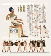Reproduction of a wall painting of Ramses in Abu Simbel by Jean-François Champollion (which appears to have inspired his in-game model)