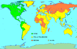 A map of Earth showing the PAL region countries in yellow