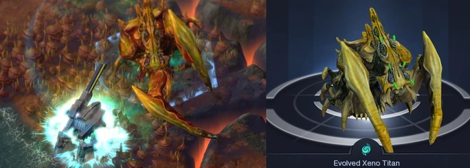 Xeno Titan dismantling a SABR (left) and its upgrade pose (right)