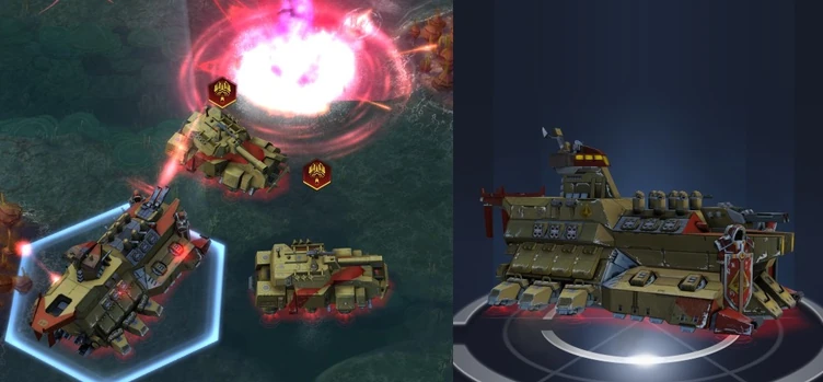 A LEV Destroyer attacking a Sea Dragon (left) and its upgrade pose (right)