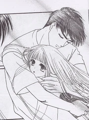 Shûichirô prenant sa mère dans ses bras, lui demandant de rester pour lui