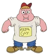 Clarence con vestimenta de repartidor de pizza
