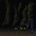 Mary, in a black cloak, walks past her guard dog in the cave under the mansion.