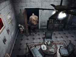 Fiona hiding from Debilitas behind a door.