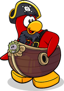 Rockhopper wearing the Migrator Mascot Body in issue #123 of the Club Penguin Times.