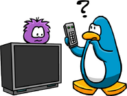 A purple puffle sitting on top of a TV with a penguin.