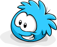 A blue puffle smiling in the Adopt A Puffle catalog.