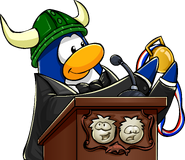 As seen on the Penguin of the Week Postcard, along with the Green Viking Helmet, Black Bowtie, and the Gold Medal.