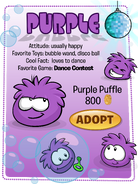 Purple puffles as shown in the Adopt A Puffle catalog.