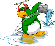 Rookie removing water from the island in issue #94 of the Club Penguin Times.