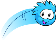 A blue puffle jumping towards a hoop in a Puffle Party 2017 login screen.