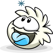 A white puffle catching a snowflake in the Adopt A Puffle catalog.