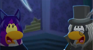 Two of the three penguins shocked to see that penguin become a ghost