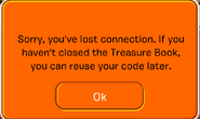 The error message displayed when connection to the Treasure Book was lost