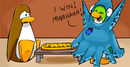 Squidzoid winning a game of Mancala, as seen in issue 131 of the Club Penguin Times