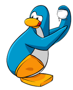 A blue penguin about to throw a snowball
