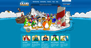 The Club Penguin home page after more penguins were added in August 2011 (Note Herbert P. Bear next to the lighthouse)