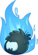A Black Puffle surrounded by blue flame