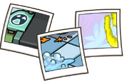 Three sneak peeks posted by Polo Field on the What's New Blog (note the orange Puffle hair in the middle, a picture of a Puffle on the right, and a machine of some sort on the left)