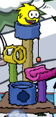 Yellow Puffle playing with one of the furnitures. Note the red tongue.