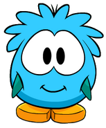 A penguin using the Blue Puffle Costume