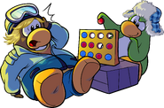 Penguins playing Find Four, as seen on the Coins for Change postcard