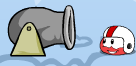 Un Puffle Rojo jugando con un cañón.