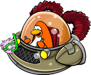 An orange penguin in the Aqua Grabber with the Pink Puffle.