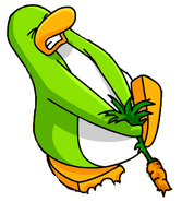 A lime green penguin pulling a carrot out of the ground in issue #188 of the Club Penguin Times