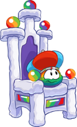 A Rainbow Puffle sitting on a throne.