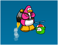 A Green Puffle playing with a penguin in the Jet Pack Adventure