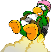 Aunt Arctic flying a Jet Pack.