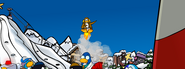 A penguin using a jet pack on the Club Penguin homepage scene