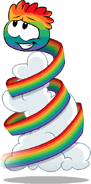 A Rainbow Puffle playing with a cloud