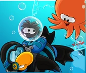 Penguin and puffle swimming in foreground, Shockto
