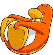 An orange penguin smashing fruits