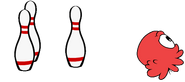 Another Red Puffle playing with bowling pins