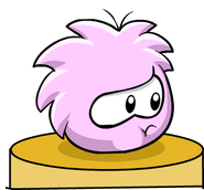 A Pink Puffle standing on a podium