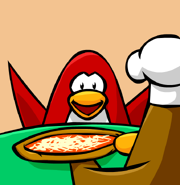 A penguin serving pizza to another penguin as seen in issue #103 of the Club Penguin Times