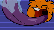 An Orange Puffle licking the screen