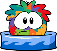 A Rainbow Puffle taking a bath