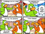 A comic with a penguin using cheese as an element