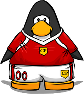 A Red Team penguin wearing the Red Soccer Jersey