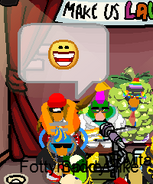 Spike Hike spotted in Club Penguin (Note: He is wearing an unreleased item known as the Yellow Bass Guitar)