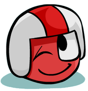 A Red Puffle winking.