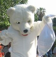 Spike Hike in a Herbert P. Bear suit for his twin's birthday party. The kids threw "snowballs" at him to make him drop a sack of plush Puffles