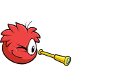 A red puffle looking through a Telescope